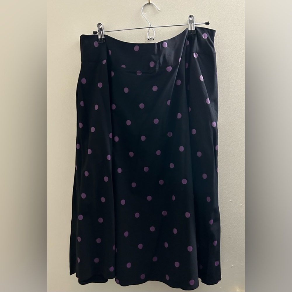 Unique Vintage 1X/16 Black A-line Skirt with Purple Polka Dots.